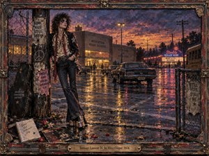 A solitary glam-rock teenager leans against a weathered schoolyard fence beside a rain-slicked parking lot, surrounded by faded posters, scattered records, roses, and a 1974 muscle car. Purple-orange twilight and neon reflections create a restless, nostalgic mood. Rich painterly textures, distressed surfaces, and a battered decorative frame reinforce the rebellious 1970s atmosphere.