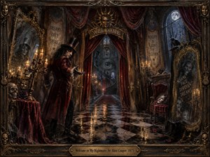 A sinister ringmaster-like figure welcomes viewers into an opulent gothic nightmare hall filled with cracked mirrors, masks, ravens, skulls, velvet drapery, and candlelight. Deep crimson, black, bronze, and moonlit blue dominate the scene, while reflective marble floors and ornate framing create theatrical depth, menace, and decadent surrealism.