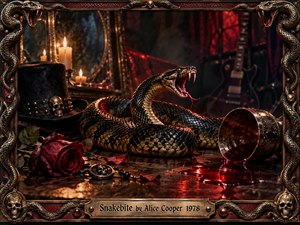 A venomous black-and-gold snake coils across a dark, theatrical tabletop surrounded by wilted roses, spilled red liquid, skull ornaments, candles, and rock memorabilia. Deep crimson, bronze, and shadowy black tones create a dangerous, seductive mood, while dramatic candlelight emphasizes glossy scales, reflective metal, and the elaborate serpent-framed composition.