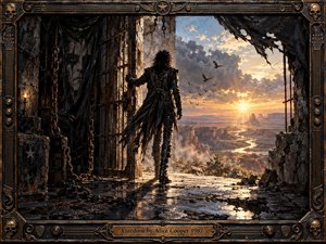 A lone black-clad figure steps from a ruined, chain-filled industrial prison toward a vast sunlit canyon, embodying defiance and release. Golden dawn breaks through storm clouds above winding water and distant mesas, while birds rise into the sky. Rich oil-like textures, rusted metal, deep shadows, and an ornate gothic frame intensify the dramatic atmosphere.
