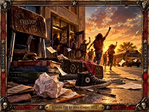 A rebellious school-day finale unfolds outside a brick high school as students race toward a fiery sunset, papers swirling around them. Scuffed desks, textbooks, sneakers, and a guitar case fill the foreground. Warm orange light contrasts with dark metal textures, while a distressed rock-themed frame reinforces the energetic, defiant mood.