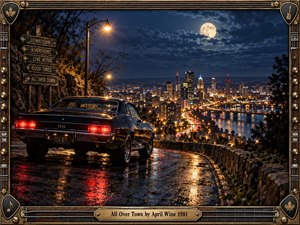 A black muscle car overlooks a glowing riverfront city from a rain-slick hillside road beneath a dramatic full moon. Warm streetlights and red taillights reflect across wet pavement, creating a restless nocturnal mood. Rustic direction signs, guitar-inspired frame details, and metallic accents reinforce the energetic classic rock atmosphere.