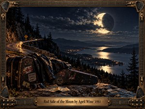 A moonlit mountain road curves above a shimmering lake and distant town lights, creating a restless, nocturnal mood. A weathered guitar case, leather jacket, sunglasses, and scattered maps anchor the rocky foreground. Deep blues, amber highlights, dramatic clouds, and metallic guitar-inspired framing give the cinematic scene rugged classic-rock atmosphere.