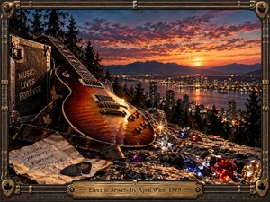 A sunburst electric guitar rests on rugged rock above a glowing waterfront city at sunset, surrounded by jewel-like stones, picks, and a weathered road case. Warm amber light, deep blue shadows, distant mountains, and sparkling reflections create a nostalgic cinematic rock atmosphere, enclosed by an ornate bronze musical frame.