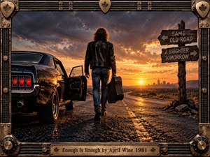 A lone rocker walks down a rain-darkened highway carrying a guitar case, leaving a vintage black car behind beneath turbulent storm clouds and a fiery sunset. Warm gold light reflects across wet pavement toward a distant city. A rugged guitar-themed metal frame, maple-leaf accents, and road signs reinforce the determined cinematic mood.