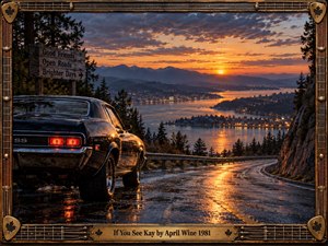 A black classic muscle car overlooks a glowing lakeside city from a rain-slick mountain road at sunset. Warm orange reflections contrast with cool blue mountains and dark evergreens, creating a restless yet hopeful cinematic mood. Guitar-string framing, maple leaf accents, weathered signage, and metallic details reinforce the vintage rock atmosphere.