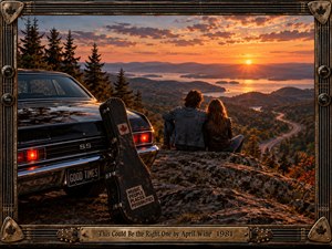 A couple sits on a rocky overlook beside a black muscle car and guitar case, watching a brilliant sunset spread across lakes, forested hills, and a winding road. Warm orange light, deep shadows, and cinematic photographic realism create a romantic, hopeful mood within an ornate guitar-themed metal frame.