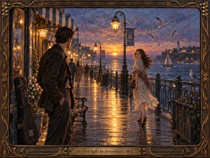 Kung Fu Hand Painting - A romantic seaside promenade glows at sunset as a young man carrying a guitar watches a woman glance back while walking away. Golden lamplight reflects across wet pavement beneath violet-blue clouds. Painterly brushwork, soft coastal haze, distant sailboats, a lighthouse, and an ornate bronze frame create a wistful, cinematic mood.