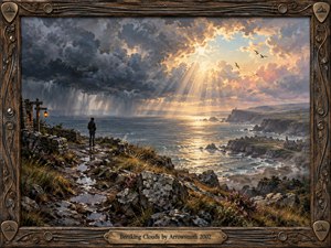 Kung Fu Hand Painting - A solitary figure stands on a rain-darkened coastal path overlooking a rugged village and restless sea as storm clouds break apart. Warm golden sunlight pours through the opening sky, illuminating cliffs, waves, and distant birds. Richly textured painterly details, earthy browns, slate blues, and glowing amber create a hopeful, reflective atmosphere.