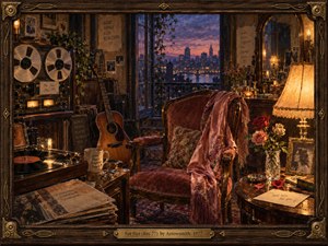 Kung Fu Hand Painting - A richly detailed 1970s music room surrounds an empty velvet chair, acoustic guitar, reel-to-reel recorder, and spinning vinyl, suggesting intimate memories and absence. Warm amber lamplight contrasts with violet twilight beyond the open window, while roses, photographs, polished wood, patterned textiles, and ornate framing create a nostalgic, romantic, handcrafted atmosphere.
