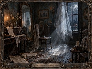 Kung Fu Hand Painting - A haunted Victorian music room glows beneath cold moonlight and fading candlelight, centered on an empty wooden chair beside an aged piano. Sheer curtains billow through the window, scattered sheet music and flowers cover the worn floor, and ornate dark framing, antique portraits, deep blues, warm amber highlights, and painterly realism create a mournful, spectral atmosphere.
