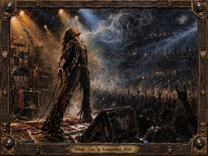 Kung Fu Hand Painting - A lone rock singer stands center stage beneath amber and icy blue spotlights, head lifted into swirling smoke as a vast crowd surges beyond him. Worn black clothing, scattered equipment, and a weathered bronze-and-wood frame create a gritty live-concert atmosphere, balancing raw energy, exhaustion, release, and dramatic cinematic realism.