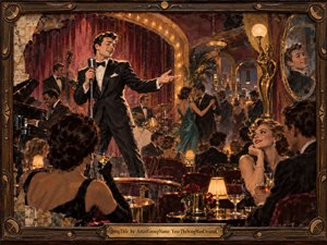 Kung Fu Hand Painting - A charismatic tuxedoed crooner performs in an elegant mid-century nightclub, surrounded by dancers, musicians, velvet seating, cocktails, and attentive guests. Warm amber lamps and golden reflections contrast with deep burgundy curtains and dark formalwear. Painterly textures, vintage glamour, polished brass, and a richly ornamented musical frame create a lively, romantic atmosphere.