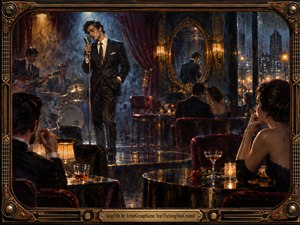 Kung Fu Hand Painting - A sharply dressed singer performs in an intimate midnight lounge, surrounded by musicians, elegant patrons, velvet seating, and rain-streaked city windows. Warm amber lamps contrast with deep burgundy, navy, and black tones. Painterly brushwork, reflective surfaces, vintage decor, and a detailed musical frame create a romantic, sophisticated, slightly melancholic atmosphere.