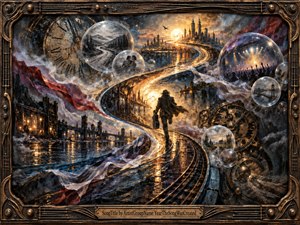 Kung Fu Hand Painting - A lone traveler walks along glowing, rain-slicked tracks that curve through a dreamlike industrial city, surrounded by floating memory bubbles, giant clockwork gears, bridges, and distant concert lights. Warm gold contrasts with deep blue and crimson, while dramatic illumination, textured brushwork, and an ornate metallic frame evoke movement, memory, and restless time.