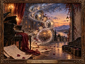 Kung Fu Hand Painting - A grand piano anchors a twilight terrace where drifting sheet music and glowing memory bubbles follow a graceful S-curve toward a distant lakeside city. Warm amber lamplight contrasts with blue-violet skies, crimson fabric, and scattered rose petals. Painterly textures, ornate architecture, and reflective stone create a wistful, cinematic atmosphere.