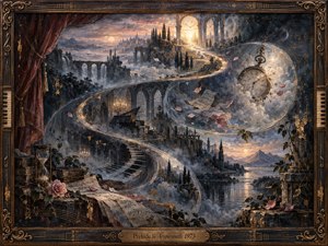 Kung Fu Hand Painting - A dreamlike, painterly landscape unfolds along a luminous S-curve, linking ruined arches, stairways, a grand piano, drifting sheet music, roses, an hourglass, and a suspended clock. Cool blue-gray shadows contrast with warm gold light, creating a reflective, timeless mood framed by ornate dark wood and bronze musical details.