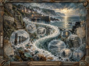 Kung Fu Hand Painting - A weathered coastal village overlooks a restless sea at twilight, where curling surf forms a graceful S-shaped path through translucent memory bubbles. Muted blues, sea green, bronze, and warm amber light create a reflective, nostalgic mood. Textured mixed-media details, shells, nets, worn wood, cliffs, and distant boats deepen the handcrafted atmosphere.