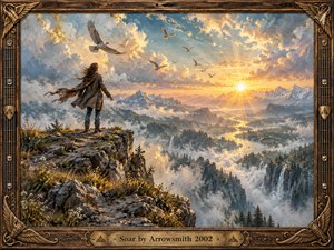 Kung Fu Hand Painting - A lone figure stands on a rugged mountain ledge above a vast mist-filled valley, facing a radiant golden sunrise. Soaring birds echo the scenes sense of freedom and possibility. Warm amber light breaks through dramatic blue-gray clouds, illuminating distant peaks, waterfalls, forests, and rivers within a richly textured, painterly composition.