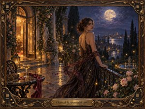 Kung Fu Hand Painting - A mysterious woman in a dark, shimmering gown stands on a moonlit villa terrace overlooking a glowing lakeside town. Warm amber doorway light contrasts with cool blue-violet night, illuminating roses, wet stone, lanterns, and drifting fabric. Rich oil-paint textures, ornate bronze framing, and delicate golden details create a romantic, enchanted atmosphere.