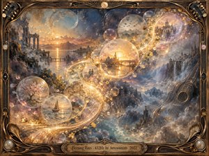 Kung Fu Hand Painting - A luminous fantasy landscape unfolds within an ornate bronze-and-wood frame, where glowing bubbles carry fleeting memories through a sweeping S-curve of golden light. Sunset ruins, misty mountains, waterfalls, blossoms, and distant cities emerge from blue-violet haze. Warm amber highlights, translucent textures, musical motifs, and intricate handcrafted details create a nostalgic, dreamlike atmosphere.