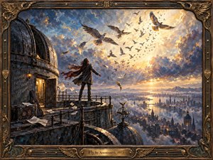 Kung Fu Hand Painting - A windswept figure stands atop a weathered observatory overlooking a misty city, facing a radiant sky filled with ascending birds. Golden sunlight breaks through blue-gray clouds, illuminating scattered papers and bronze architecture. The richly textured oil-painting style, ornate musical frame, and sweeping depth evoke freedom, longing, transformation, and release.
