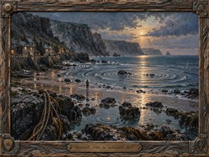 Kung Fu Hand Painting - A solitary figure stands on a moonlit rocky shore beside a quiet cliffside village, facing concentric ripples spreading across the sea. Cool slate blues and sea greens meet warm amber reflections beneath dramatic clouds. Rendered like textured oil and encaustic on wood, the scene feels contemplative, resonant, ancient, and gently transcendent.