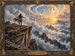 Kung Fu Hand Painting - A lone figure stands on a rugged cliff above a vast cloud-filled mountain valley, arms open toward a radiant sunrise and rising birds. Warm gold light contrasts with cool blue-gray clouds and dark rock. Rich oil-like textures, sweeping atmosphere, and an ornate bronze-and-wood frame create an uplifting, epic sense of freedom and ascent.