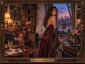 Kung Fu Hand Painting - An alluring woman in a flowing burgundy dress stands at a loft window overlooking a glowing twilight skyline, surrounded by guitars, records, candlelight, and richly patterned fabrics. Warm amber lamplight meets cool violet dusk, creating a romantic, nostalgic mood in this cinematic, painterly scene framed with ornate rock-inspired craftsmanship.