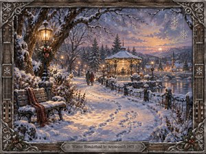 Kung Fu Hand Painting - A warmly lit winter village glows beneath a lavender-blue twilight sky, with a snow-covered path leading toward a festive gazebo beside an icy river. Two bundled figures walk together through amber lamplight, surrounded by frosted trees, distant rooftops, and sparkling crystals. Rich painterly textures and an ornate carved frame create nostalgic elegance.