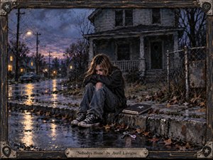 A lonely young woman sits curled on a rain-soaked curb before a dark, weathered suburban house at twilight. Cool blue-gray and violet tones contrast with distant amber lights reflected in puddles. Painted in a gritty mixed-media style, the scene features fallen leaves, a notebook, keys, chain-link fencing, and a distressed decorative frame.