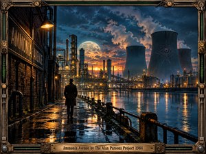 A lone figure walks a rain-slick industrial canal toward a vast illuminated refinery beneath dramatic clouds and a glowing moon. Deep blue steel, amber lights, reflective water, towering cooling structures, pipes, and weathered brick create a cinematic retro-futurist atmosphere, framed by intricate mechanical brass details and an engraved title plate.