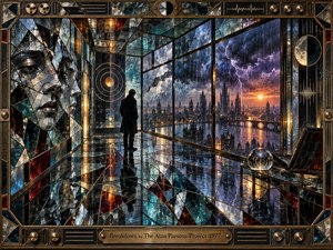 A solitary figure stands within a fractured stained-glass observation room overlooking a stormy futuristic city. Deep teal, violet, charcoal, and amber panes glow with rain, lightning, reflections, and mirrored shards. The Art Deco composition feels elegant, melancholic, and tense, framed by bronze details, glass motifs, and a crystal sphere.
