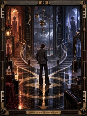 A solitary man stands between two sweeping stairways in a surreal Art Deco hall, caught between warm amber romance and cool blue distance. Reflective marble, stormy windows, mirrored figures, roses, celestial orrery forms, and brass details create a tense, cinematic late-1970s progressive rock atmosphere framed with ornate musical motifs.