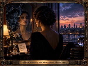 A solitary woman in a black dress faces a cracked mirror, her reflection calm yet haunted against a glowing dusk cityscape. Warm lamplight, lilies, books, crystal, and a handwritten note deepen the introspective mood. An ornate brass-and-wood audio-inspired frame gives the cinematic scene a richly detailed retro elegance.