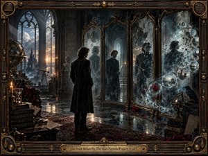 A solitary man stands in a shadowy Gothic observatory before fractured mirrors reflecting altered versions of himself. Cold blue-gray haze, moonlit windows, amber candlelight, brass instruments, roses, drifting memory spheres, and polished floors create an introspective atmosphere. Ornate dark wood and brass framing reinforces the surreal progressive-rock elegance.