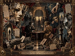 A surreal mixed-media tableau shows masked figures playing across a shadowy social theater of cards, chess pieces, mirrors, clocks, and fragmented faces. Warm sepia, brass, burgundy, and teal tones glow under dramatic lighting. Torn photographs, smoky silhouettes, and ornate framing create an elegant, tense atmosphere of deception, performance, and psychological games.