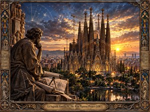 A monumental cathedral rises above Barcelona at sunset, glowing with warm gold against deep blue storm clouds. A contemplative stone architect studies detailed plans in the foreground, surrounded by ornate bronze, stained glass, celestial diagrams, and carved symbolism. The richly framed composition blends spiritual grandeur, history, science, and visionary realism.
