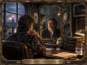 A solitary man confronts fractured reflections in an ornate mirror, surrounded by masks, books, clocks, papers, and mysterious instruments in a dark study. Warm bronze light contrasts with a stormy blue city beyond the window, creating a tense, introspective mood. The cinematic realism suggests identity, ambition, memory, and self-examination.
