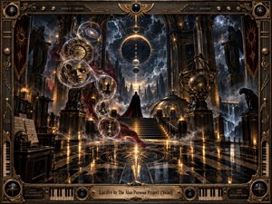 A solitary cloaked figure stands within a vast gothic observatory as an eclipsed celestial sphere dominates the stormy sky. Golden machinery, statues, glowing orbs, clocks, masks, and swirling crimson fabric create a mysterious S-curve through the scene. Deep blues, black marble, brass highlights, fog, and dramatic light evoke cinematic progressive rock grandeur.