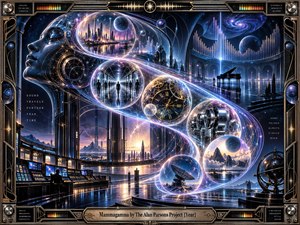 A futuristic cosmic soundscape unfolds through glowing S-curves, translucent memory spheres, mirrored architecture, and mechanical instruments suspended beneath a star-filled sky. Deep blues, violet light, warm gold, and polished metal create a sleek, mysterious atmosphere, while rhythmic geometry, distant figures, and luminous reflections suggest technology, time, and musical intelligence.