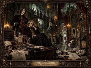 A lavish Victorian asylum becomes a theatrical realm of controlled chaos, where masked doctors preside over shadowed halls, curling stairways, scattered papers, cages, skulls, and cryptic instruments. Deep browns, black, crimson, and antique gold glow beneath candlelight, creating a sinister, satirical, gothic atmosphere framed by ornate bronze detailing.