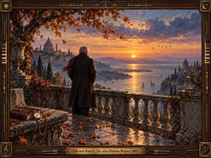 An elderly man stands on a leaf-strewn stone terrace overlooking a glowing coastal city at sunset. Warm gold, amber, and violet light fills the sky and water, creating a reflective, bittersweet mood. Classical architecture, autumn branches, distant sailboats, a pocket watch, and ornate musical framing enrich the painterly scene.