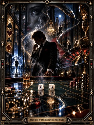 A brooding gambler stands over a glossy casino table as dice, roulette, smoke, and towering city lights surround him. Black, gold, crimson, and midnight blue create a luxurious yet threatening mood. Serpentine curves, mirrored figures, and dramatic highlights suggest temptation, fate, obsession, and psychological tension within a cinematic surrealist composition.