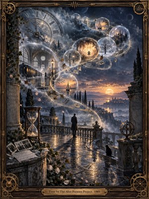 A solitary figure overlooks a moonlit valley as glowing memory spheres spiral through clouds, clocks, trains, seasons, and distant cities. Deep blues, silver mist, and warm amber light create a reflective, dreamlike mood. Ornate bronze framing, an hourglass, photographs, and celestial details reinforce the passage of time.