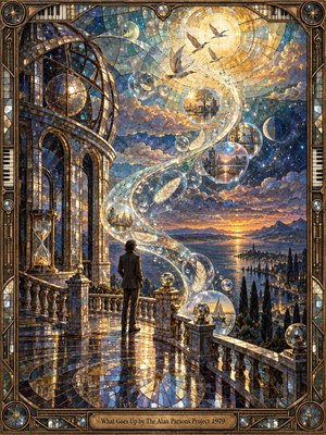 A solitary man stands on a gleaming mosaic terrace beneath a vast celestial panorama, where an S-curve of luminous glass bubbles rises through clouds toward a radiant sun. Blue, gold, and amber tones glow across stained-glass architecture, mirrored floors, birds, feathers, and distant cities, creating a contemplative, mystical, ascending dreamscape.
