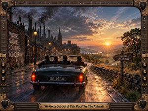 A vintage convertible carries four travelers away from a smoky industrial town along a rain-darkened road toward sunlit hills and open countryside. Dramatic clouds frame a warm golden sunset, contrasting with cool charcoal buildings and wet reflections. The richly detailed scene combines cinematic realism with handcrafted retro amplifier framing, bronze hardware, and nostalgic 1960s atmosphere.
