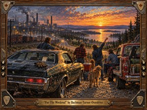 A richly textured oil-style scene shows friends escaping an industrial town for a weekend road trip at sunset. Vintage cars, camping gear, and a guitar frame the relaxed group above a winding highway and glowing lake. Warm amber, copper, blue, and forest tones create a nostalgic, rugged 1970s rock atmosphere.