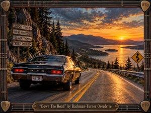 A vintage black BTO muscle car cruises a winding mountain road beside a vast lake at sunset. Golden light floods rugged cliffs, evergreen forests, distant peaks, and reflective water, creating a warm, adventurous mood. Richly detailed photorealistic textures contrast with a handcrafted guitar-string frame, metallic corner ornaments, wooden signs, and an engraved title plate.