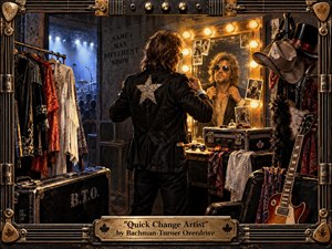 A flamboyant 1970s rock performer prepares backstage before a show, facing a glowing mirror beneath warm vanity bulbs. Costumes, guitars, cases, photographs, and stage equipment surround him, while cool blue concert lights spill through the doorway. Rich gold, black, crimson, and blue tones create a dramatic, nostalgic, handcrafted atmosphere.